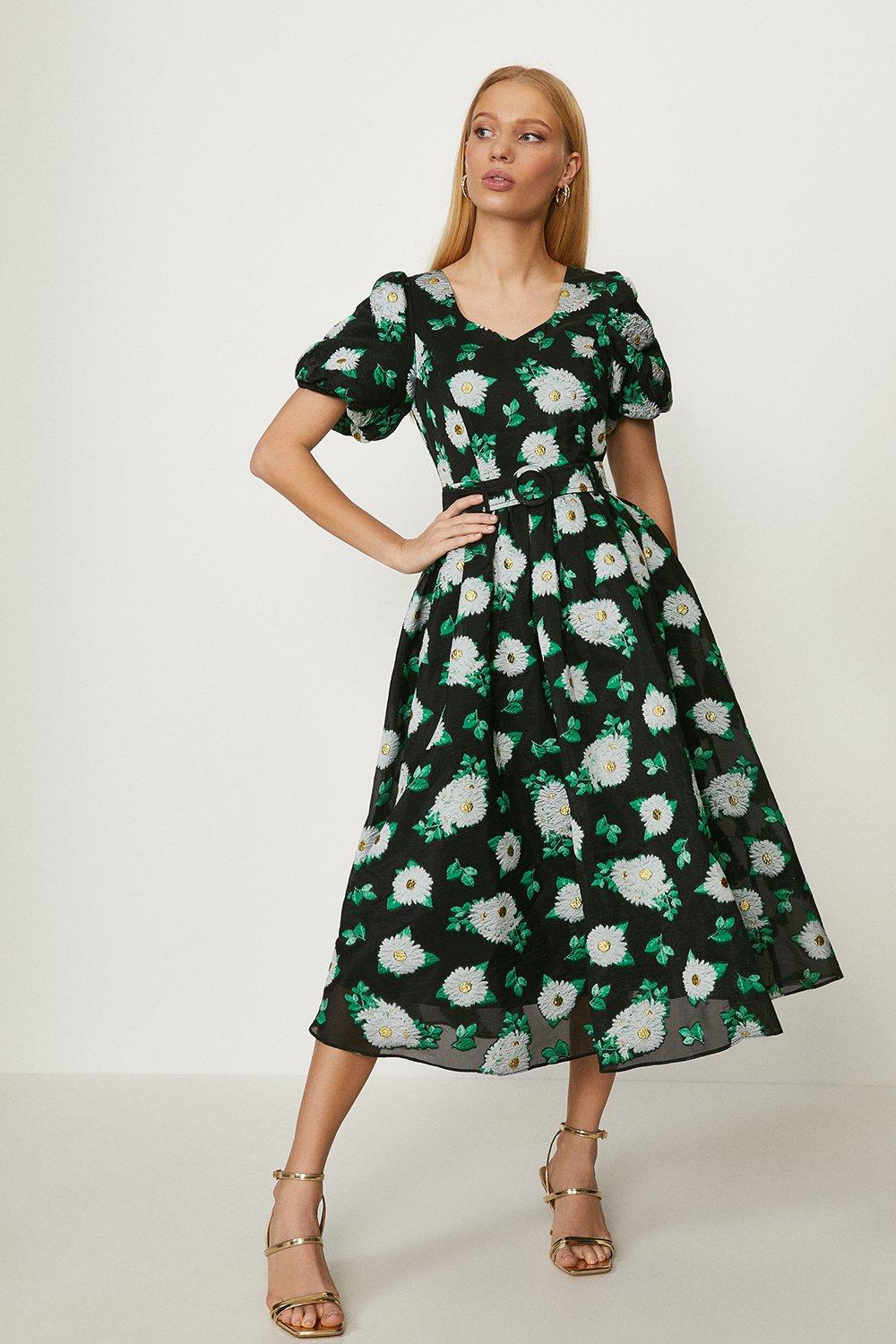 Midi Puff Sleeve Floral Belted Dress ...